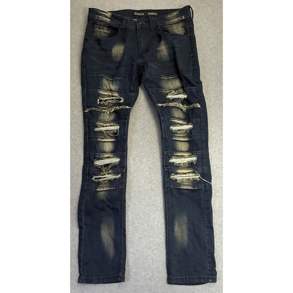 Hard Soda HS Premium Distressed Biker Jeans Men’s 32 Blue Skinny Moto Denim